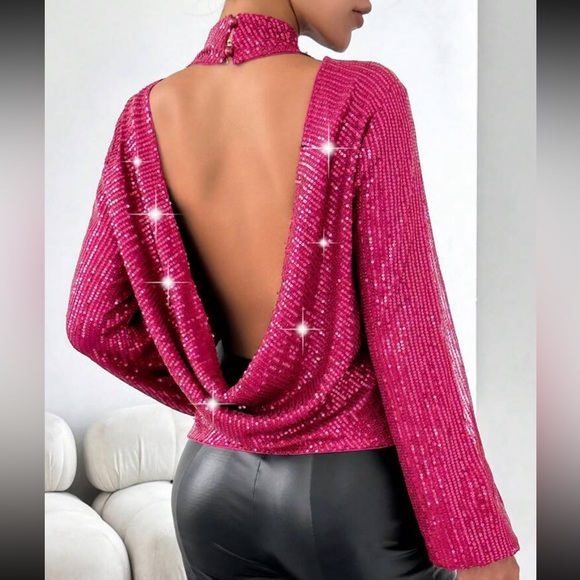 Luxe Sequin Drape Cowl Neck Open Back Backless Party Top Blouse Shirt Hot Pink - Picture 3 of 5